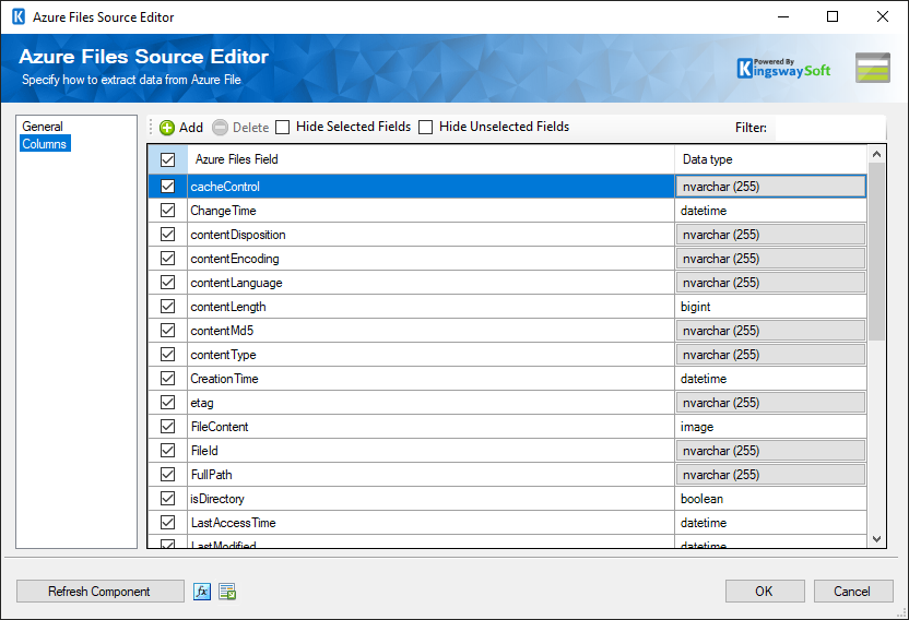 Azure Files Source Editor - Columns Page